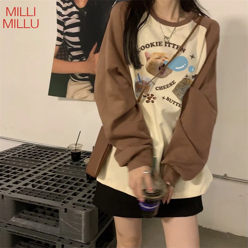 

Long Sleeve T-Shirts Womens Oversized Cotton Tops Relaxed Fit Stylish Retro Aesthetic Breathable Fabric Comfortable Autumn