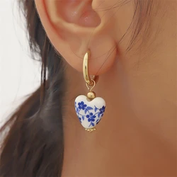 Retro New Chinese Ceramic Blue Printed Love Earrings National Trend Style Stainless Steel Imitation Blue and White Porcelain