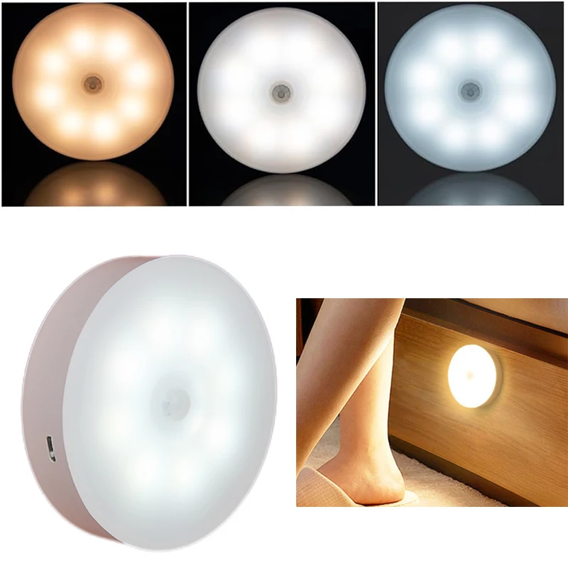 Motion Sensing LED Night Light, Carregamento USB, Iluminação do armário, quarto, escada, corredor