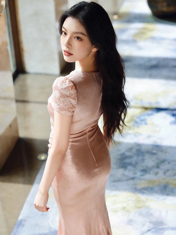 Women Sparkly Pink V Neck Lace Patchwork Mermaid Midi Dress Elegant Short Sleeve Ruched Bodycon Formal Party Evening Dresses New