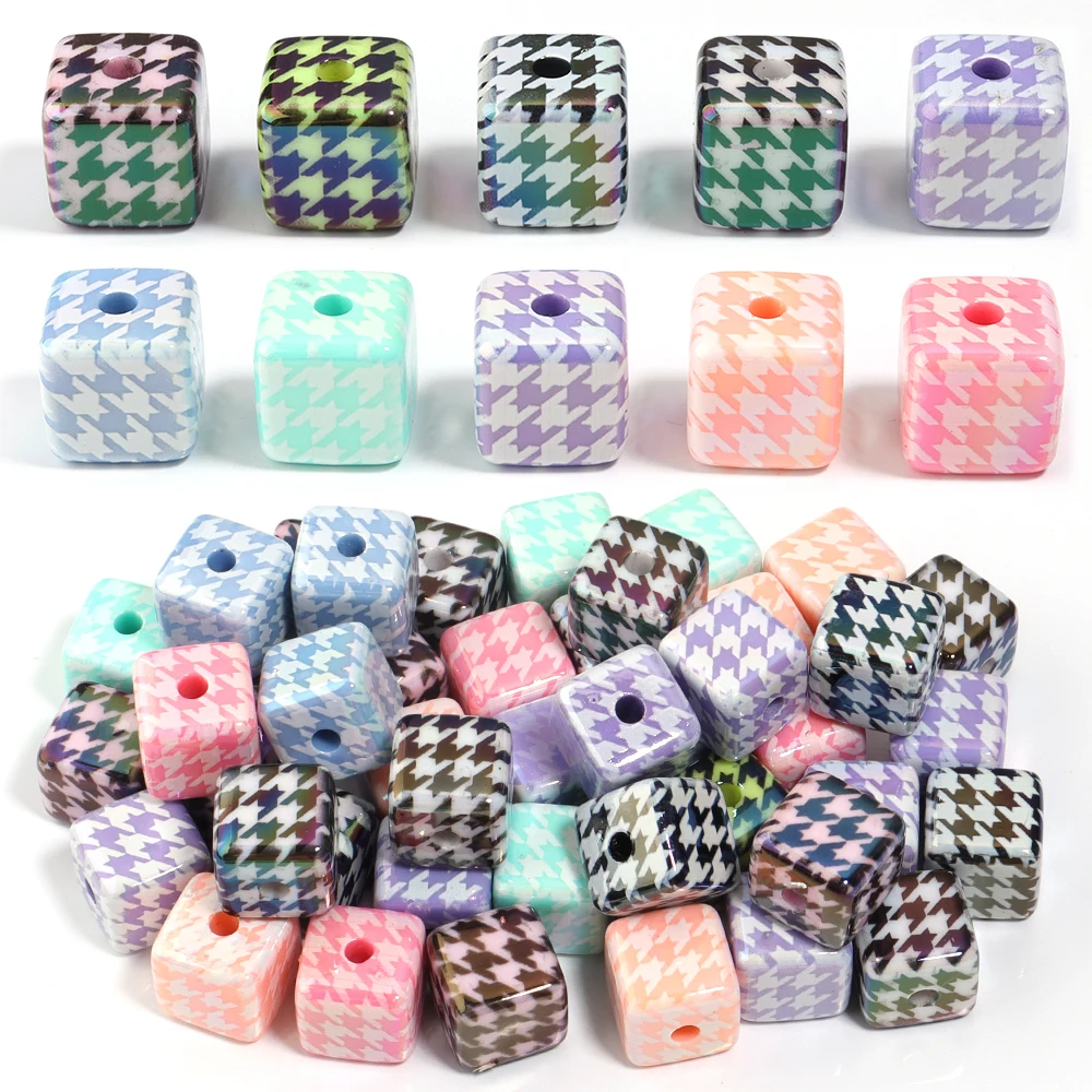 10Pcs/Lot 16mm Acrylic UV Thousand Bird Grid Printed Square Beads For DIY Jewelry Bracelet Pendant Phone Key Chain Accessories