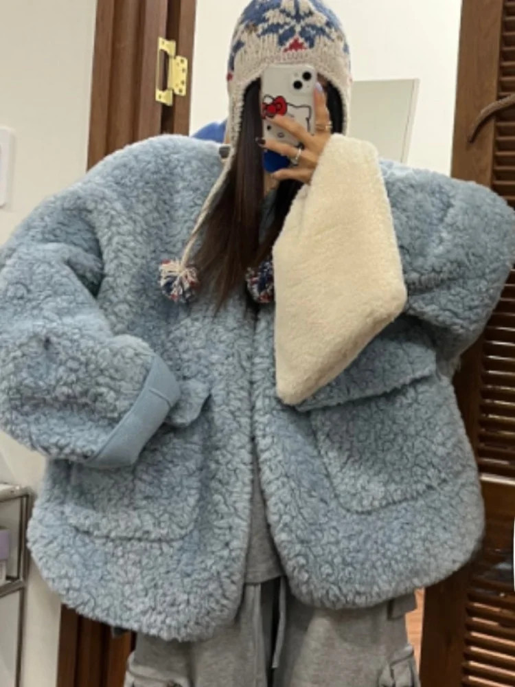 

Retro Style Thickened Sheepskin Coat Women's Winter New Double Pocket Versatile Cotton Jacket Warm Fur Leather Integrated
