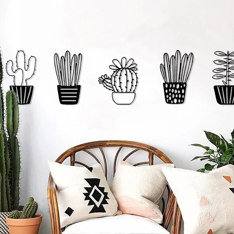 HELLOYOUNG 5pcs Set Metal Cactus Wall Mounted Decor Modern Minimalist Succulent Plant Pot Flower Wall Art for Living Room Bedroo