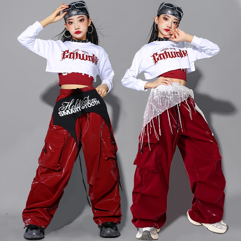 ジャズダンス服女の子 Kpop ステージ衣装赤ヒップホップズボン学校パフォーマンスショー衣装子供ストリートダンスウェア AMY2786