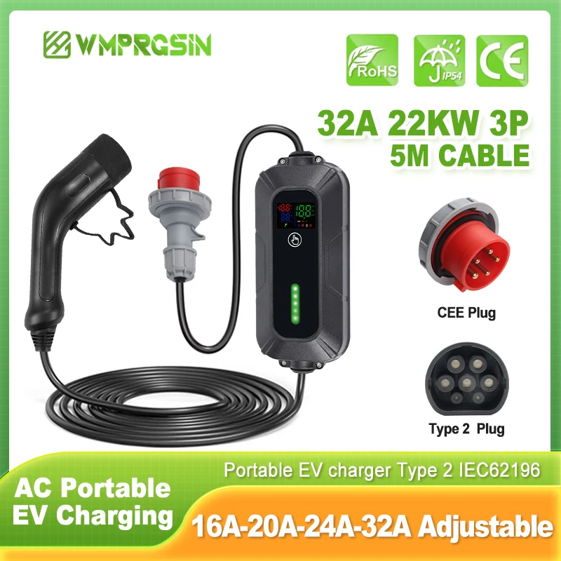 

EV Charger Type2 IEC62196 22kw 32A 3Phase EVSE Wallbox Electric Vehicle Cars Adjustable Portable Home Charging 5M CEE Red Plug