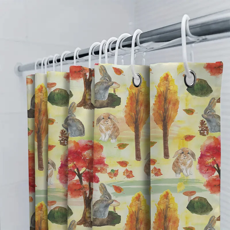 Vivid Fall Forest Animal Print Shower Curtain Rabbit, Maple Leaf Mushroom Design for Bathroom Decor