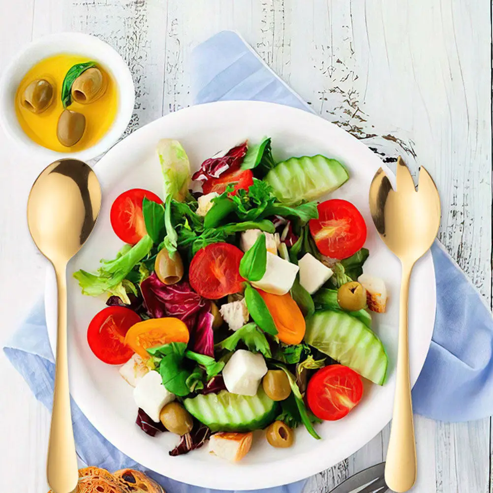 1-セットサラダスプーンフォークステンレス鋼サービングスプーン穴あきスポークソリッドスプーンパーティーカトラリーホーム食器ビュッフェケータリング