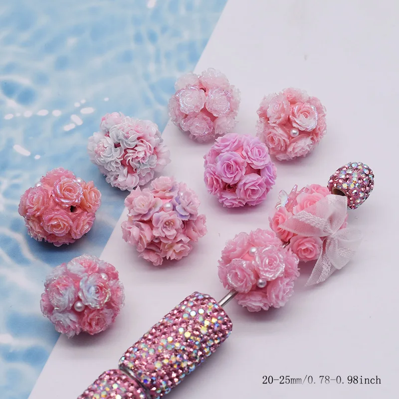Pink Design 4pcs Diverse 3D Simulation Soft Rose Flower Ball Beads Round Flower Polymer Clay Beads for Jewelry Making DIY