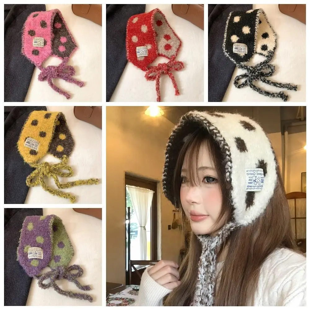 

Trendy Polka Dot Wool Strappy Earmuffs Thicken Double Side Knitted Ear Warmer Windproof Keep Warm Bandage Earlap Girls