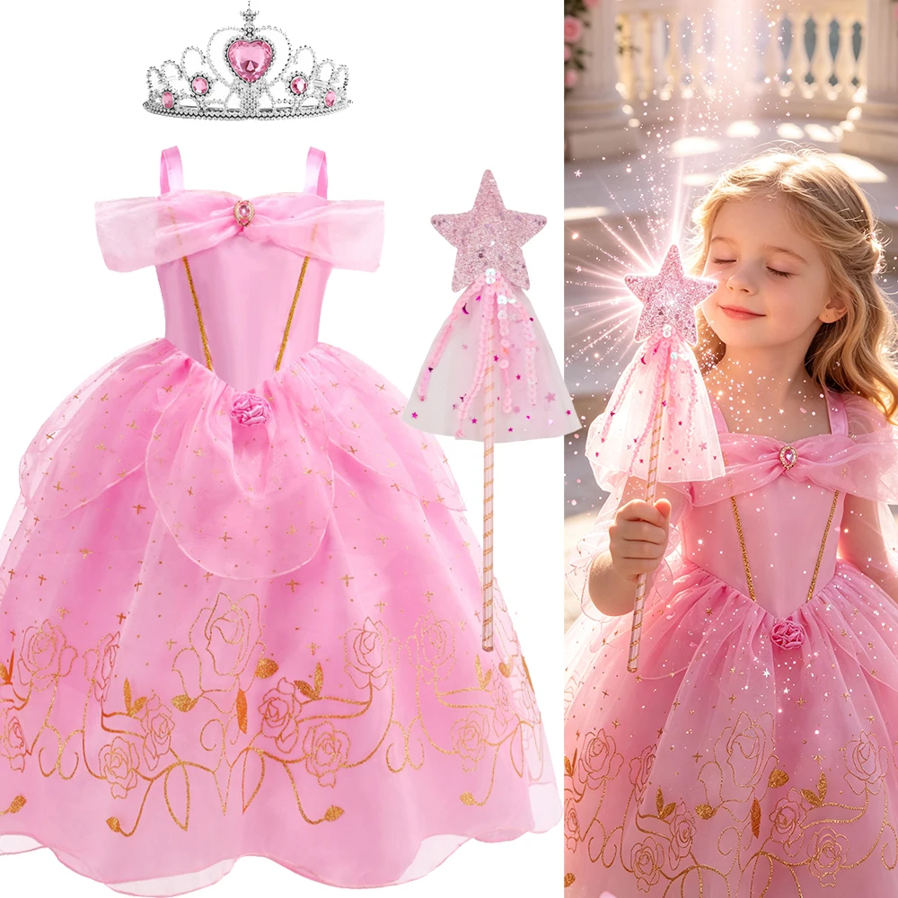 Birthday Pink Princess Dress for Girls Party Cosplay Little Girl Rose Flower Girl Dress Halloween Costumes Kids 3 4 5 6 7 years