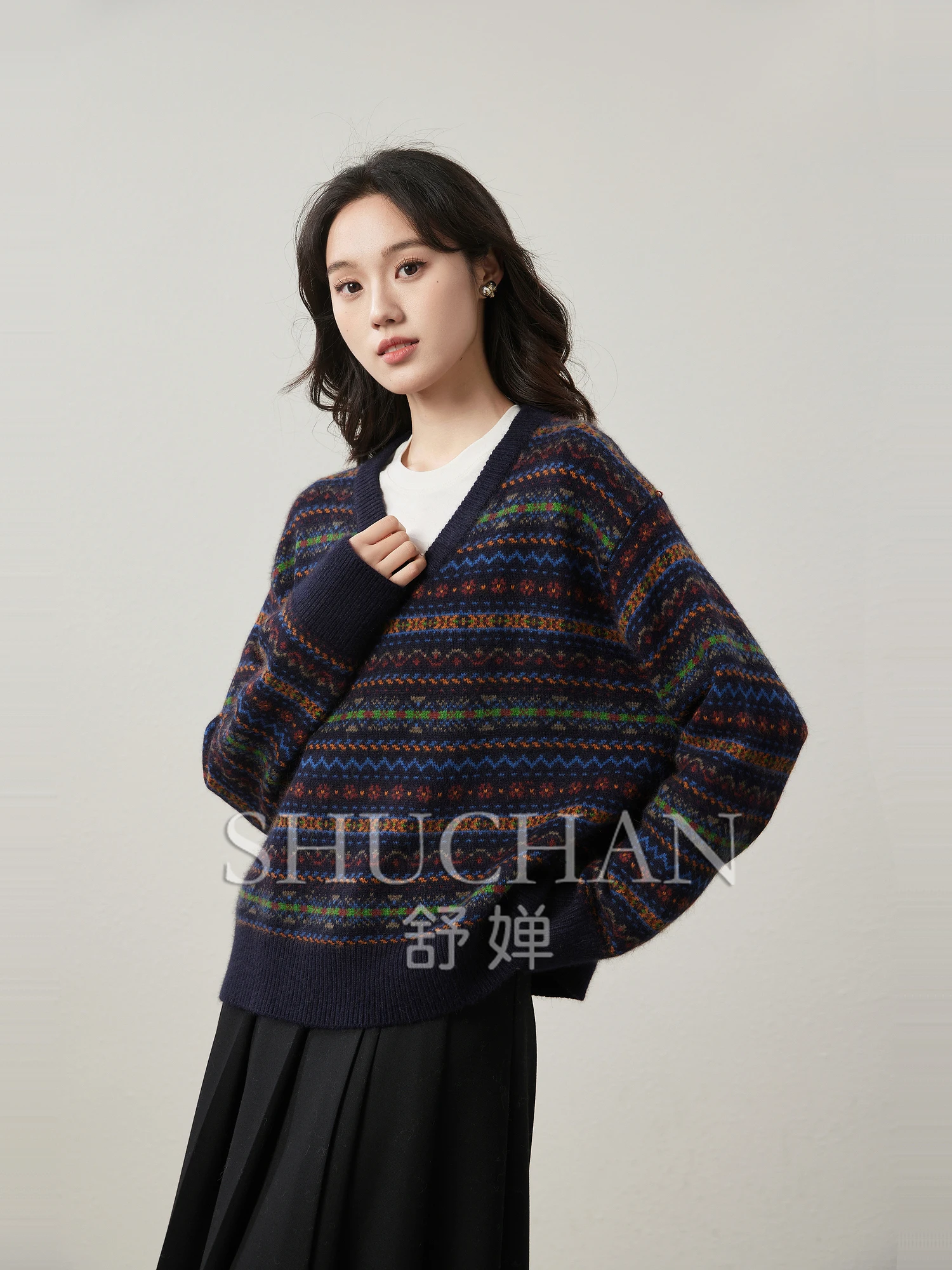 

wool blend contrasting color jacquard pattern V-neck knitted sweater women winter clothes women pullover sueter mujer invierno