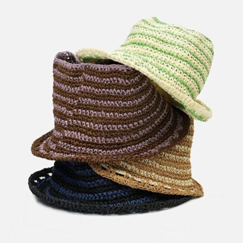 Woven Mixed Color Fisherman Hat Female Summer Empty Top Sunshade and Sunblock Braided Pot Hat Literary and Retro Tide Bucket Hat