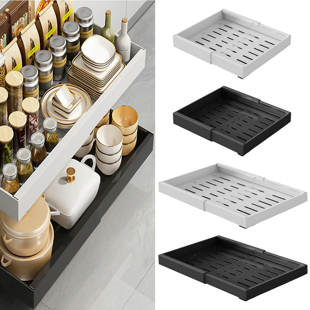 Expandable Pull Out Cabinet Organizer Heavy Duty Slide Out Drawers Fixed With Adhesive For Kitchen Pantry Bathroom