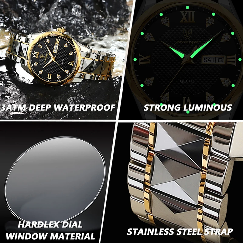 POEDAGAR Luminous Mens Watches Brand Trend Stainless Steel Diamond Man Watch Luxury Business Waterproof Clock Relogio Masculino