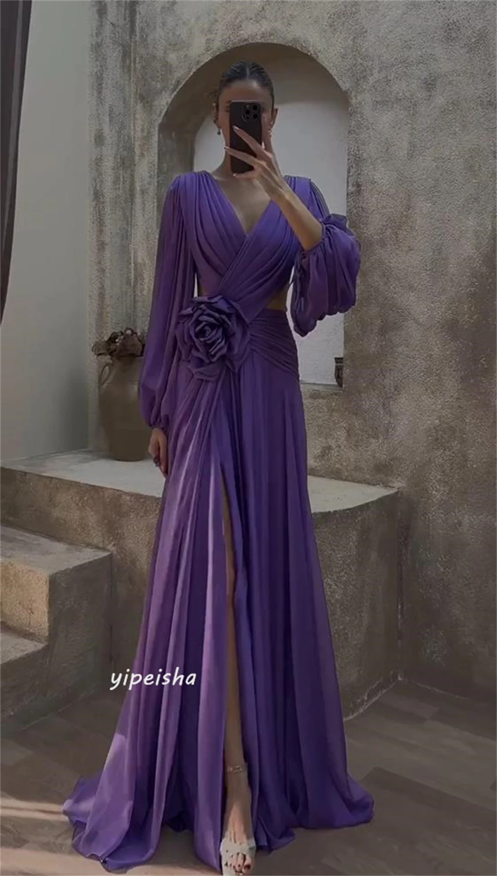 Yipeisha-Robes de soirée formelles en mousseline de soie, style moderne simple, col en V, ligne A, fleurs drapées, longueur au sol, sur mesure, robes d'occasion