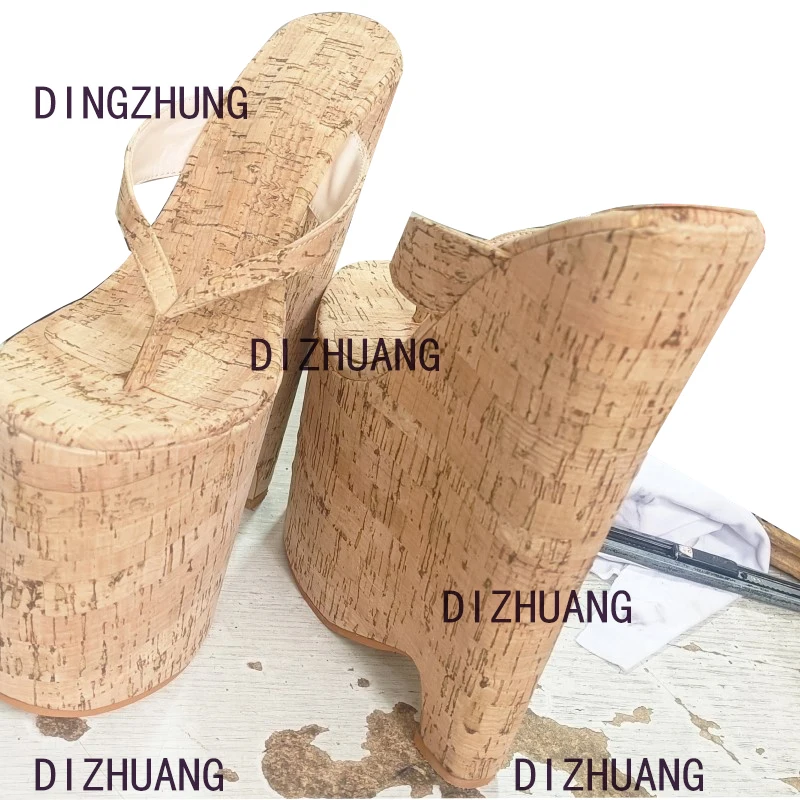 

DIZHUANG Sexy women's high-heeled slippers. Flip flops. Soft wood grain slippers About 20cm heel height Strange style slippers.
