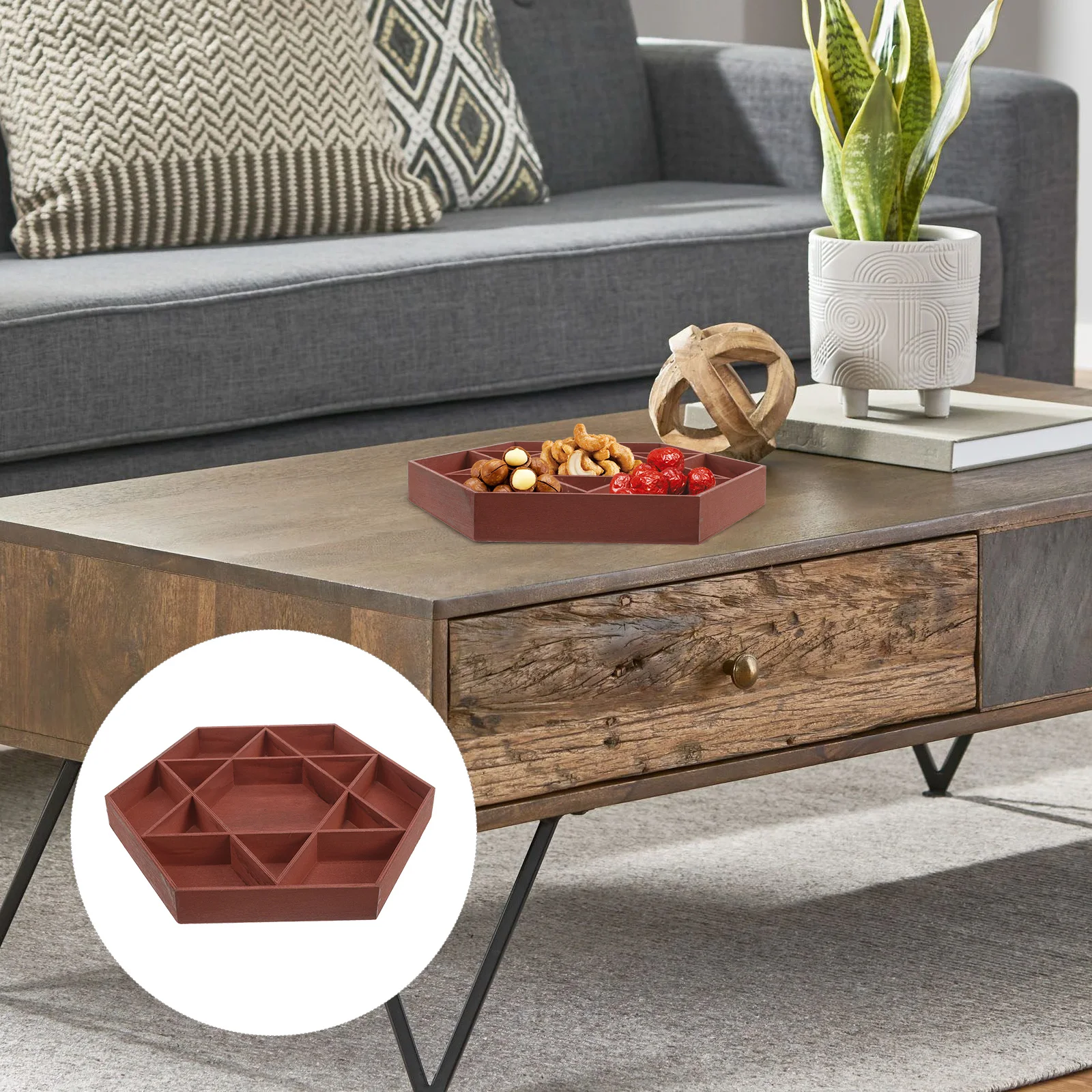 

Six Compartment Wood Tray Snack Dried Fruit Plate Dessert Nuts Bowl Serving Decorative Kitchen Bar Accessories