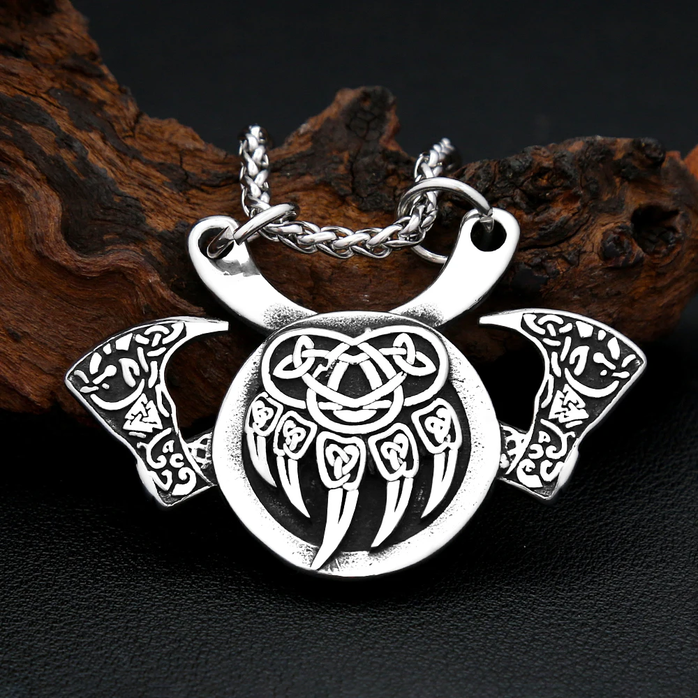 Vintage Vikings Celtic Bear Claw Axe Necklaces For Men Boys Stainless Steel Nordic Amulet Pendant Fashion Jewelry Gift Wholesale