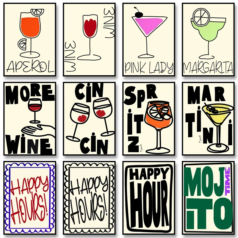 Retro Cocktail Posters Colourful Alcoholic Drinks Print Wall Art Pictures for Party Bar Food Kitchen Home Decor Canvas Painti