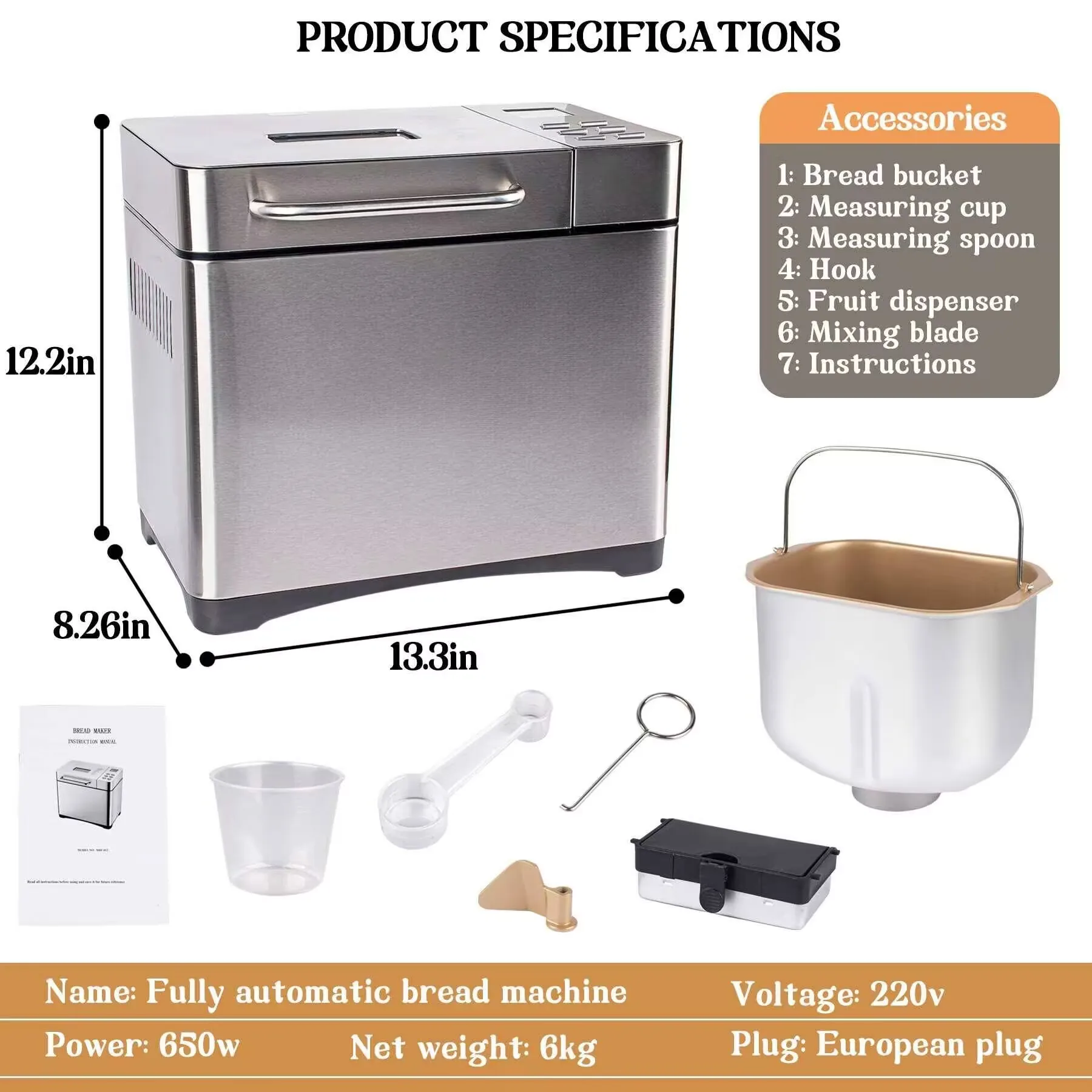 19-in-1 Programmable Automatic Bread Maker 3 Loaf Sizes with Fruit Nut Dispenser