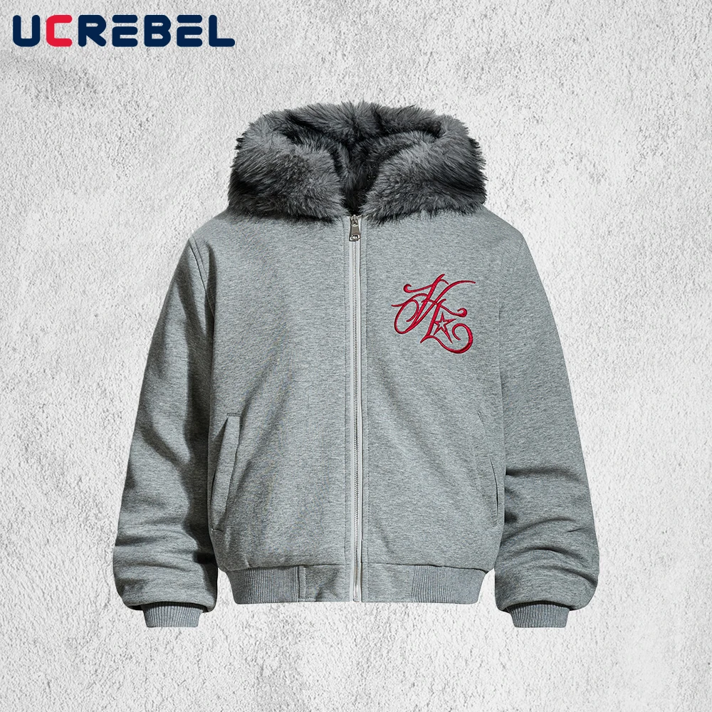 

Стеганая куртка с капюшоном и вышивкой букв, мужская зимняя уличная толстая верхняя одежда с меховым воротником и длинными рукавами