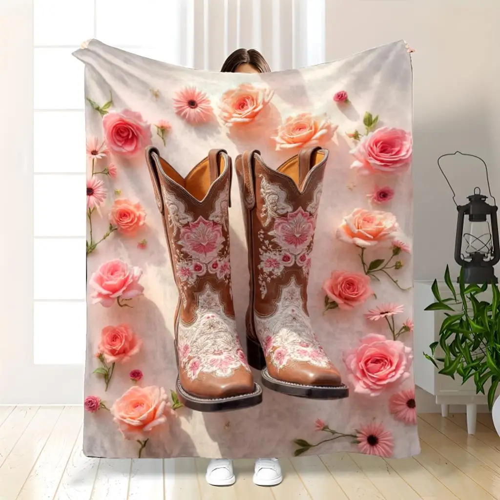 Ultimate Western Boho Cowboy Boot and Rose Floral Pattern Blanket Throw 150x230cm Cozy Bed Decor