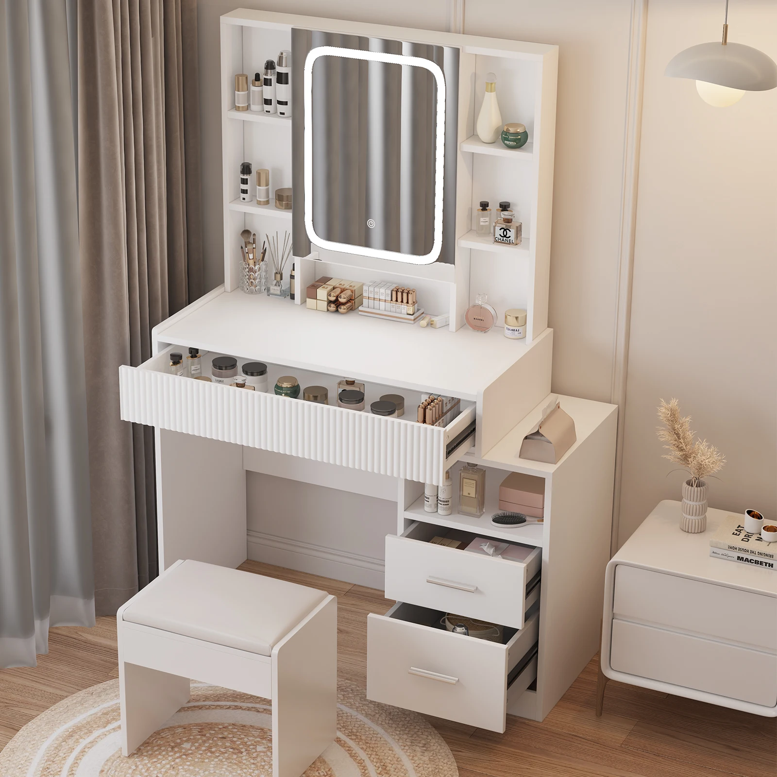 طاولة زينة HOMAVO مع مرآة LED، 3 أدراج و8 حجرات مفتوحة، 96.5x40x141 سم