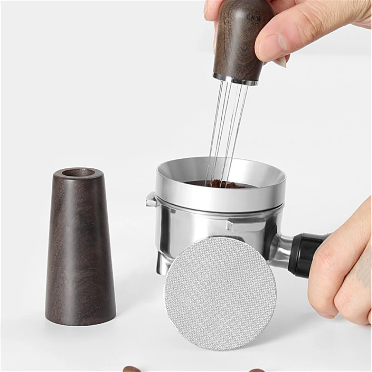 A58E-Coffee Stirrer Distributor Needle Coffee Stirrer Espresso Stainless Steel Receive Powder Ring Set Coffee Tool 58MM