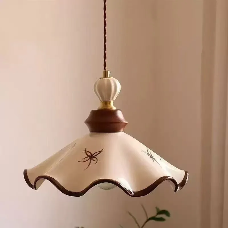 French Retro Hand Painted Ceramic Pendant Lamp Dining Bar Hallway Bedroom Bedside Small Light Mid Century Home Decor Decor