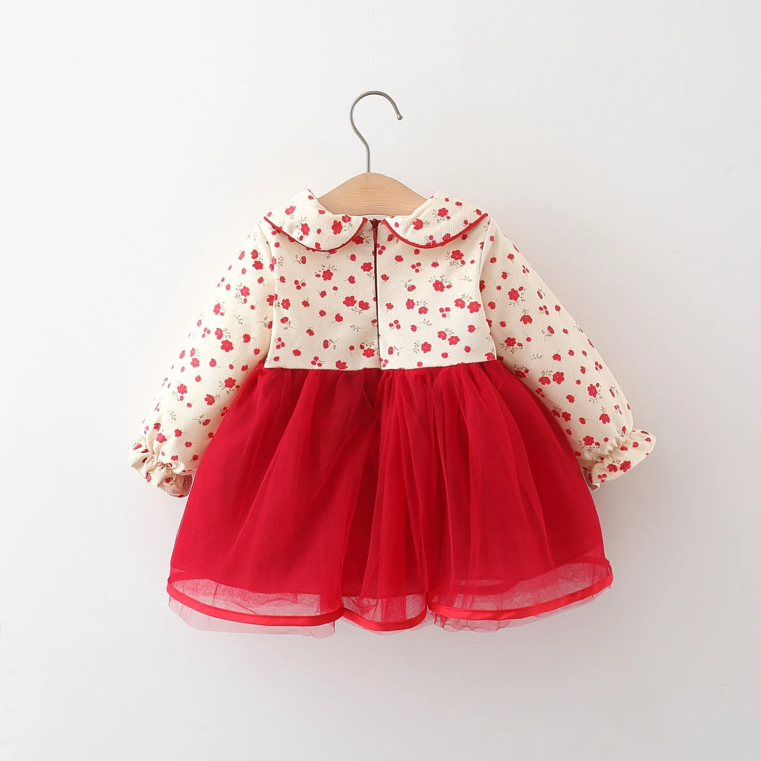 Baby Girl Dress Chinese Style Cheongsam Flower Print Long Sleeve Red Mesh Dress Girls Traditional Festival Costume