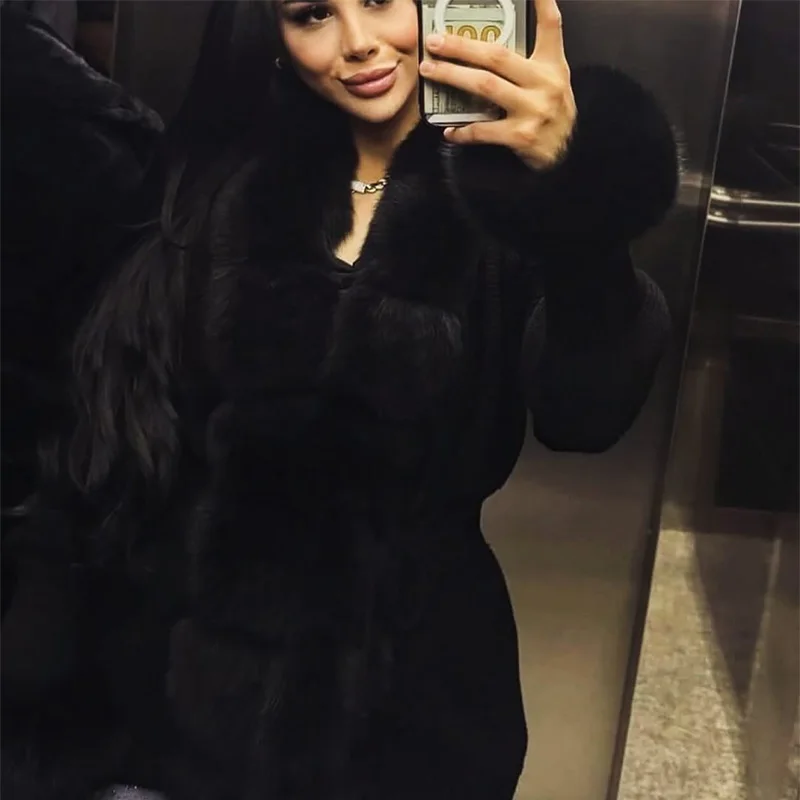 Elegant Faux Fur Patchwork Sweater Coat Women Lapel Furry Collar Slim Fit Knitted Lace-Up Cardigan 2025 New Autumn Lady Coats