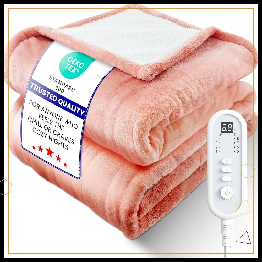 

Full Size Electric Heated Blanket, Ultra-Cozy Flannel & Sherpa, Even Heat Distribution, 8 Temperature Settings, Auto-Off Timer