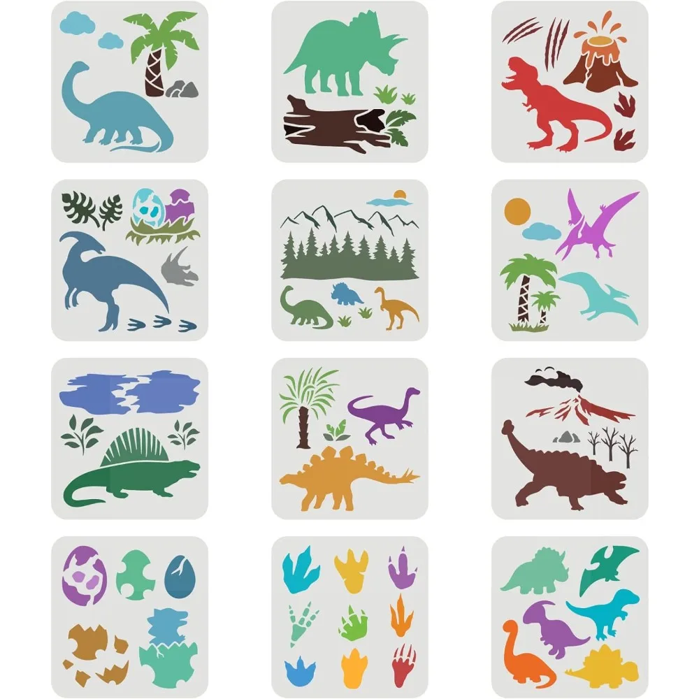 12 Pcs Dinosaur Stencils 7.9x7.9 inch Dinosaur Forest Stencil Plastic Dinosaur Footprint Eggs Stencil Reusable Tyrannosaurus