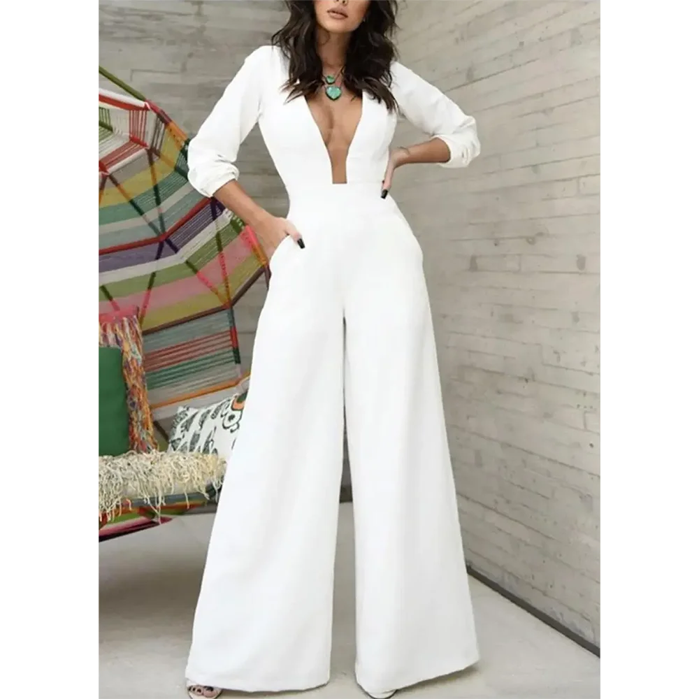 

2023 Sexy Robe De Soiree Long Sleeve Jumpsuit V-Neck Evening Dresses White Pants Vestido De Festa Satin Prom Gowns for Women