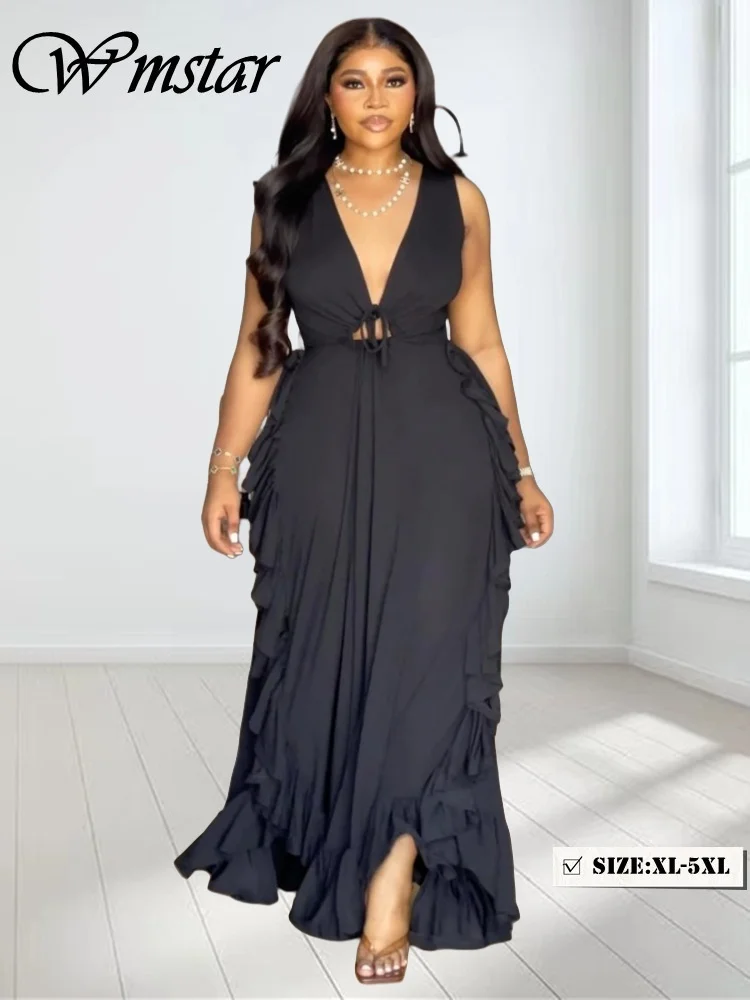 

Wmstar Plus Size Dresses Women 2025 Wholesale Deep V Neck Elegant Bandage Long Dress Fashion Street Wear Drop Shopping Summer