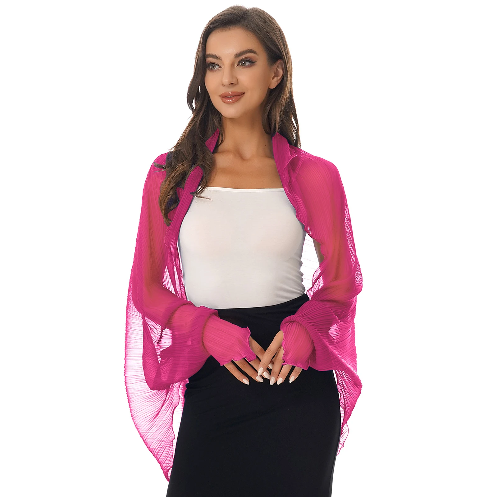 Bridal Shawl Womens Chiffon Shrug Long Sleeve Sun Protection Tops Open Front Chiffon Bolero Wedding Wraps Beachwear Cover Ups