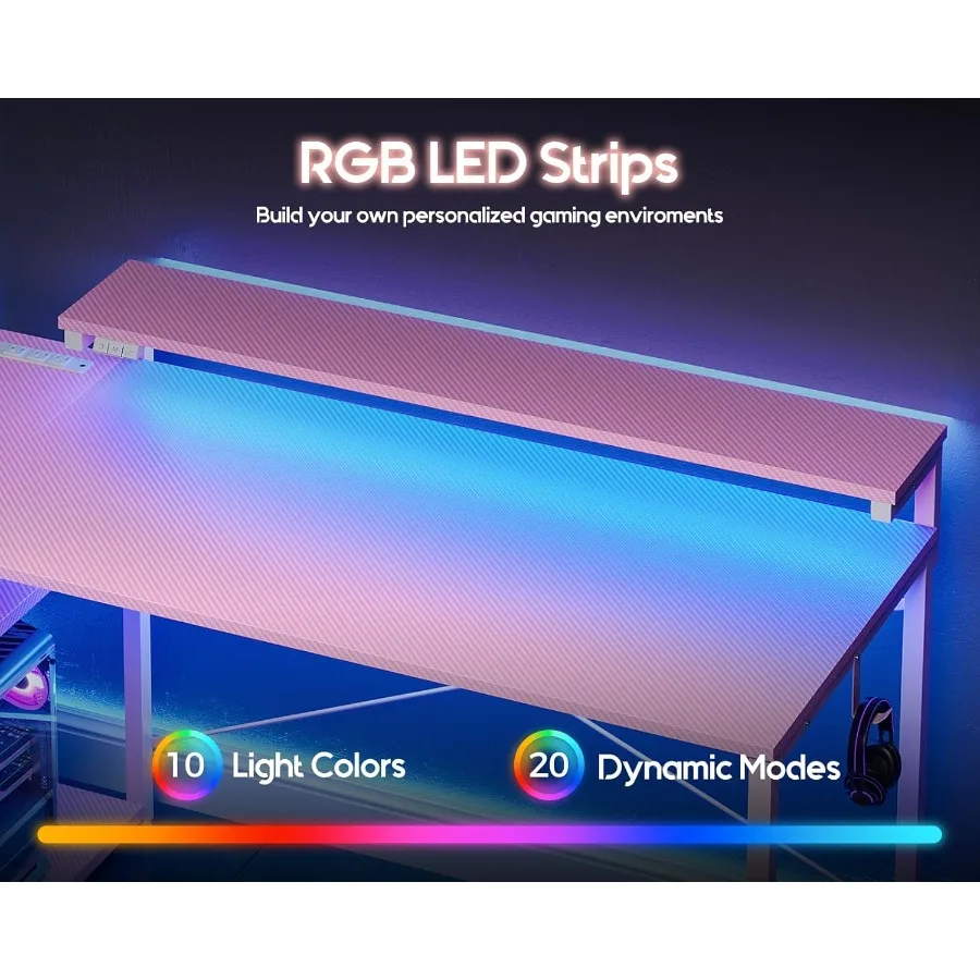 مكتب ألعاب مقاس 48 بوصة مع مخرج طاقة بمصابيح LED للتخزين المتكامل وحامل شاشة قابل للتعديل للاعبين والعمال عن بعد