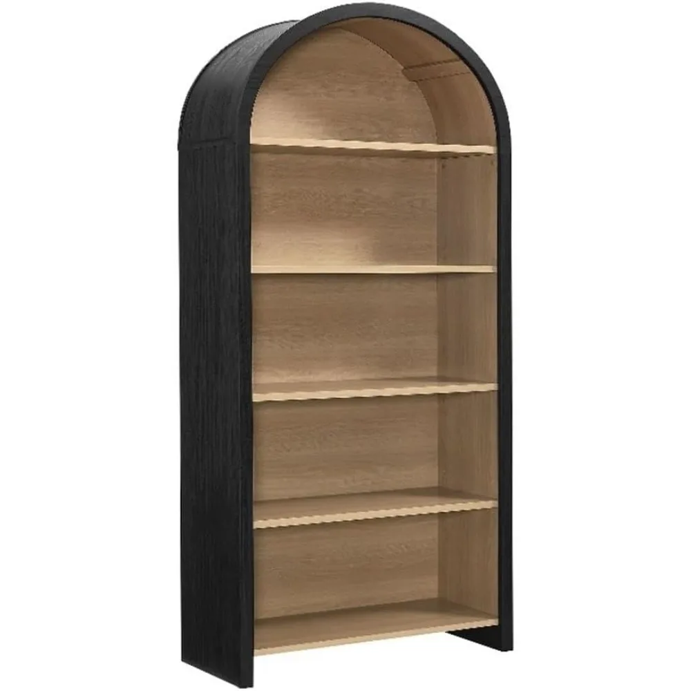 

Modern Arched Wide Bookcase in Black - 76Inch Open Shelf Display Cabinet - Stylish 5-Tier Bookshelf for Living Room, Dining Room