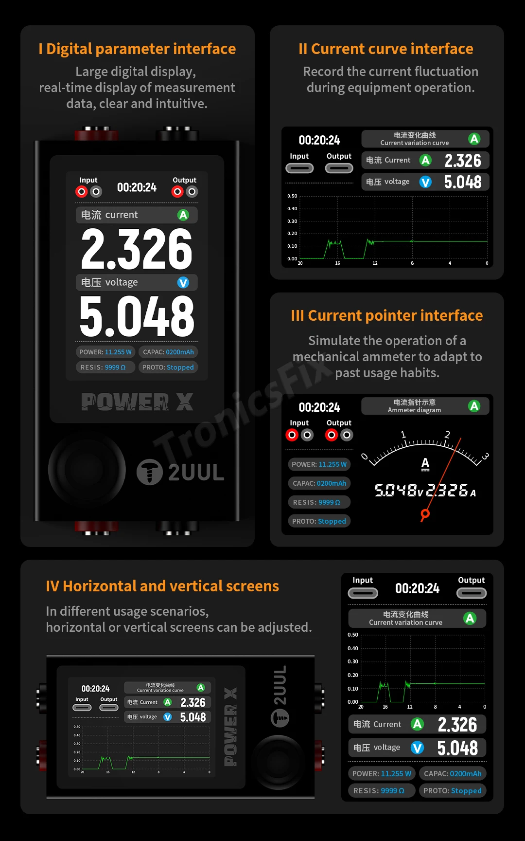 2uul power x PW11 High Refresh Full-color Screen Power PCB Detector : Digital Display, Curve, And Pointer Three Modes Display