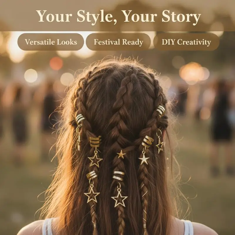 36/41 PCS Gold Metal Hair Braid Accessories Hollow Star Pendants Adjustable Rings For Festivals Parties Daily Hairstyle Decor