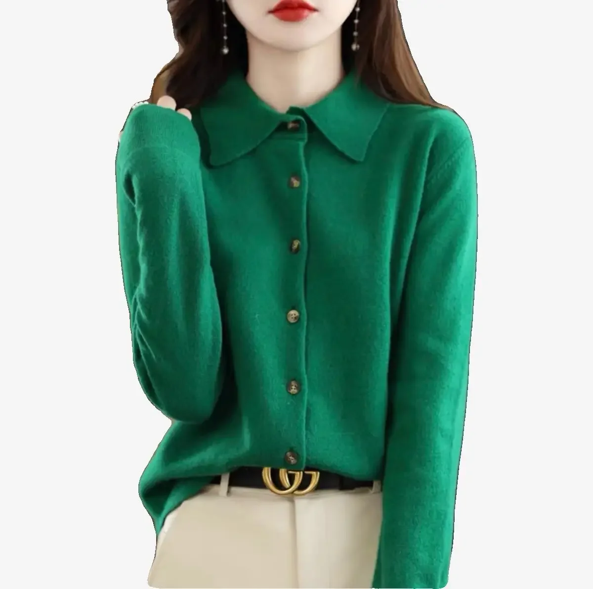 Spring Type  Cashmere Sweater Women Cardigan Shirt Collar Exquisite Polo Collar Long sleeve Sweater Fleece Base Knit