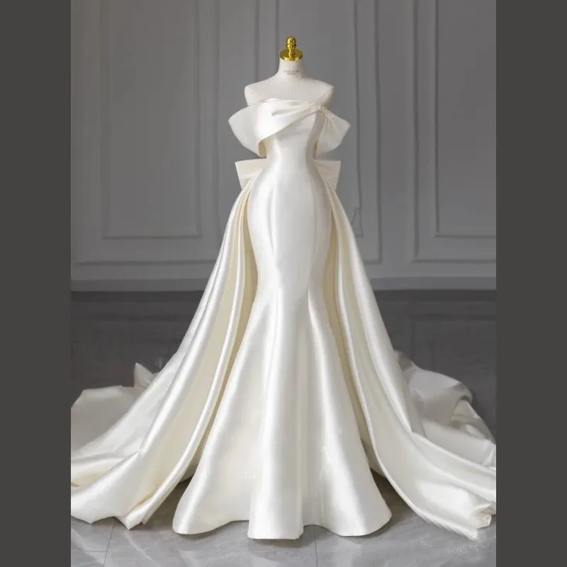 Off The Shoulder Satin Mermaid Wedding Dress For Women Detachable Train Big Bow Luxury Ivory  Long Chapel Train