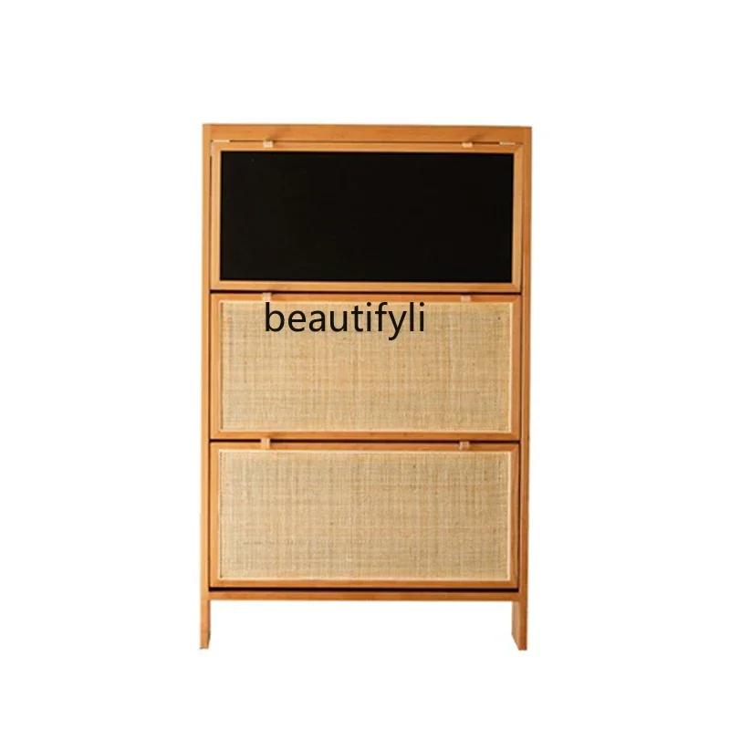 

Nordic solid wood shoe cabinet cherry wood living room ultra-thin Japanese rattan entrance storage cabinet R