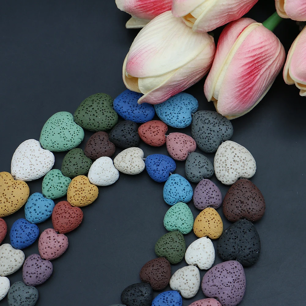 

Polished Volcanic Rock Heart-Shaped Beads Multi-Color Dyed Semi-Precious Stone Straight Hole Necklace Bracelet Handmade Material