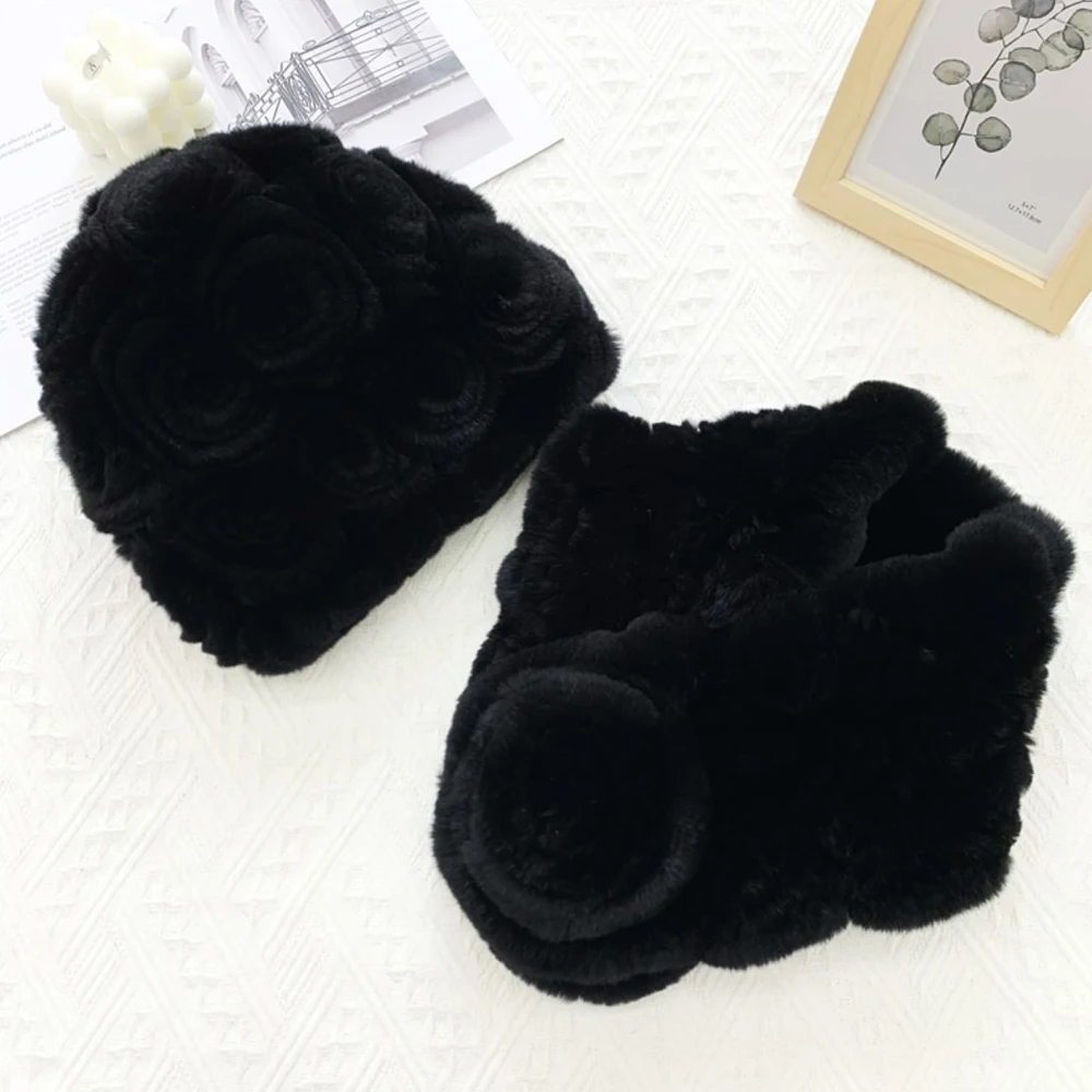 New Women Winter Fur Hat Scarf Sets Natural Warm Real Rex Rabbit Fur Cap Scarves Lady Knitted Warm 100% Genuine Fur Hats Muffler