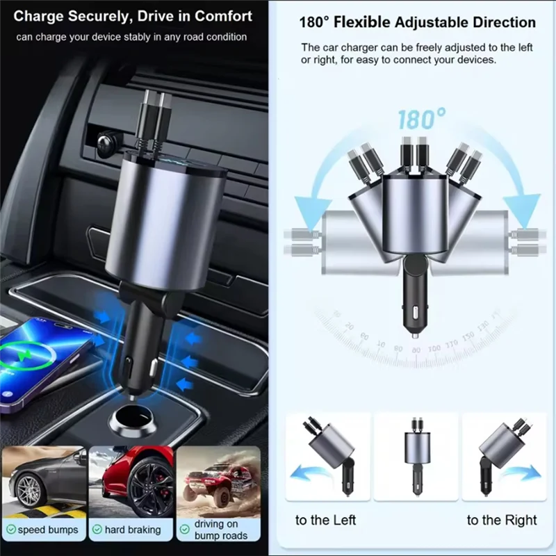 

Lasting Retractable Car Charger, 4-In-1 Fast Car Phone Charger Dual Type-C 120W Cigarette Lighter USB Car Charger Adapter