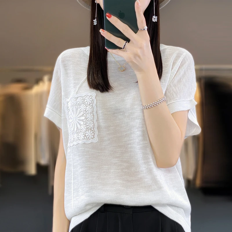 

Summer New Style Elegant Jacquard Pocket Design Loose And Thin Bamboo Knot Cotton Round Neck Short Sleeve Women's Knit Shtir