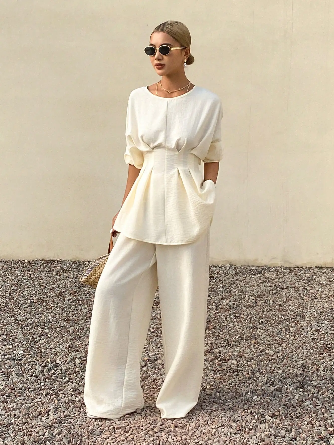 

Women Loose Business Casual Ruffled Waist Pullover Top And Straight Leg Pants Two Piece Set Elegant Office Outfit