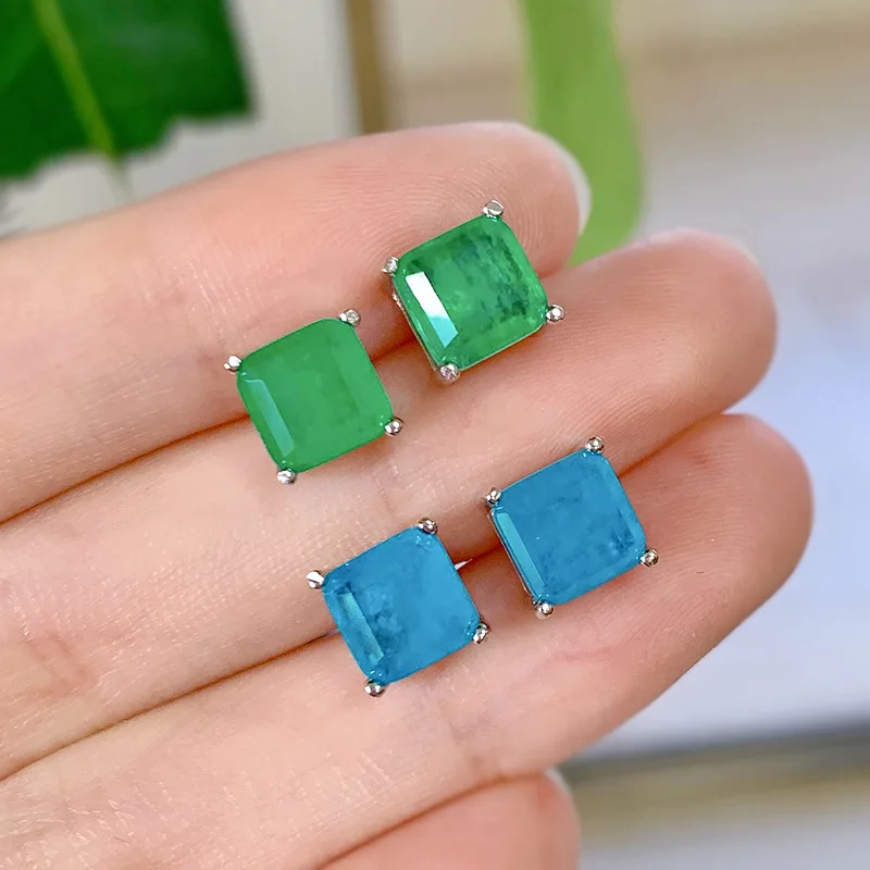S925 Silver Simulated Emerald Paraiba 7*7 Stud Earrings  for Women Anniversary Party Jewelry Women Earrings