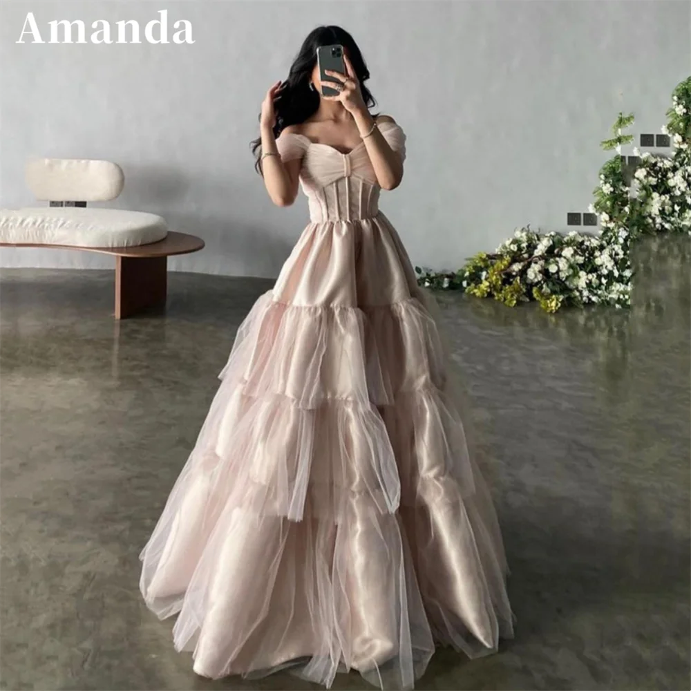 

Amanda Elegantly Off Shoulder فساتين سهره فاخره2023 Sexy Pink A-line Prom Dresses Floor Lenght One Layer Tulle Vestidos De Noche